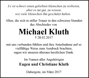 Traueranzeige von Michael Kluth von Märkische Oderzeitung