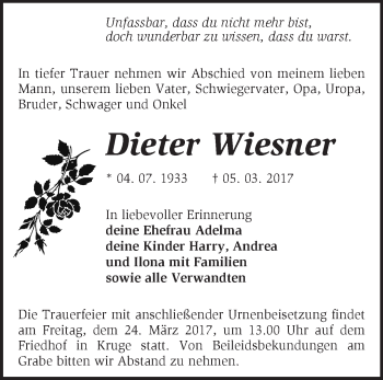 Traueranzeige von Dieter Wiesner von Märkische Oderzeitung