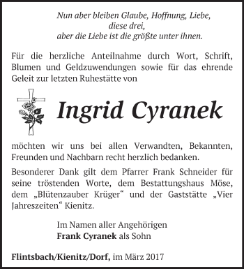 Traueranzeige von Ingrid Cyranek von Märkische Oderzeitung