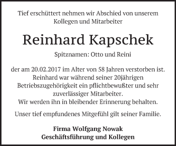 Traueranzeige von Reinhard Kapschek von Märkische Oderzeitung