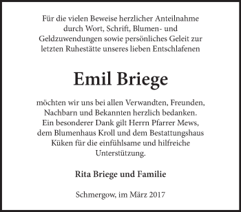 Traueranzeige von Emil Briege von Märkische Oderzeitung