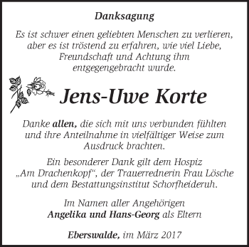 Traueranzeige von Jens-Uwe Korte von Märkische Oderzeitung