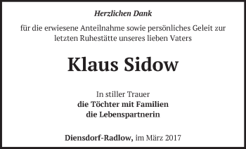 Traueranzeige von Klaus Sidow von Märkische Oderzeitung