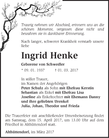 Traueranzeige von Ingrid Henke von Märkische Oderzeitung