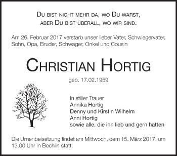 Traueranzeige von Christian Hortig von Märkische Oderzeitung