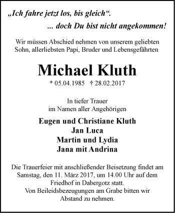 Traueranzeige von Michael Kluth von Märkische Oderzeitung