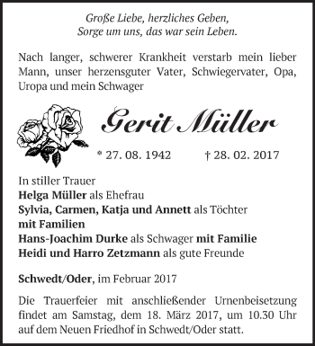 Traueranzeige von Gerit Müller von Märkische Oderzeitung