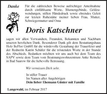 Traueranzeige von Doris Katschner von Märkische Oderzeitung