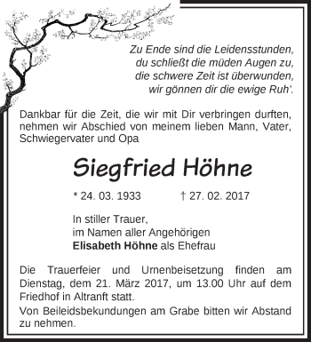 Traueranzeige von Siegfried Höhne von Märkische Oderzeitung