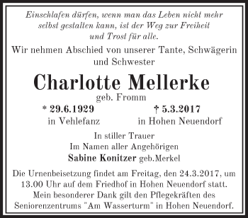 Traueranzeige von Charlotte Mellerke von Märkische Oderzeitung