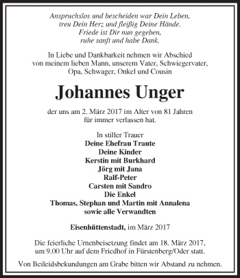 Traueranzeige von Johannes Unger von Märkische Oderzeitung
