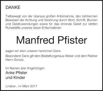 Traueranzeige von Manfred Pfister von Märkische Oderzeitung