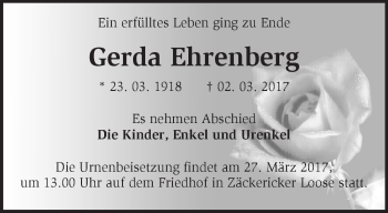 Traueranzeige von Gerda Ehrenberg von Märkische Oderzeitung