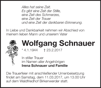 Traueranzeige von Wolfgang Schnauer von Märkische Oderzeitung