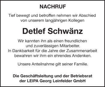 Traueranzeige von Detlef Schwänz von Märkische Oderzeitung