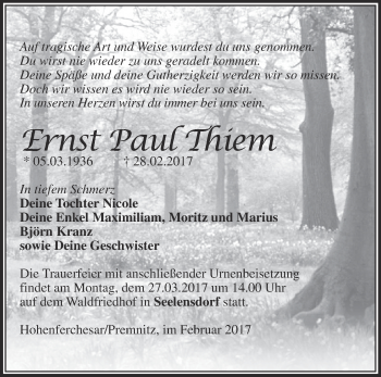 Traueranzeige von Ernst Paul Thiem von Märkische Oderzeitung