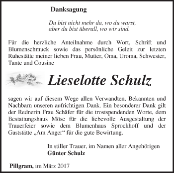 Traueranzeige von Lieselotte Schulz von Märkische Oderzeitung