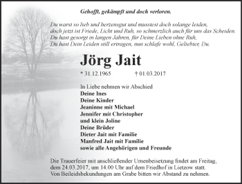 Traueranzeige von Jörg Jait von Märkische Oderzeitung