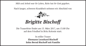 Traueranzeige von Brigitte Bischoff von Märkische Oderzeitung