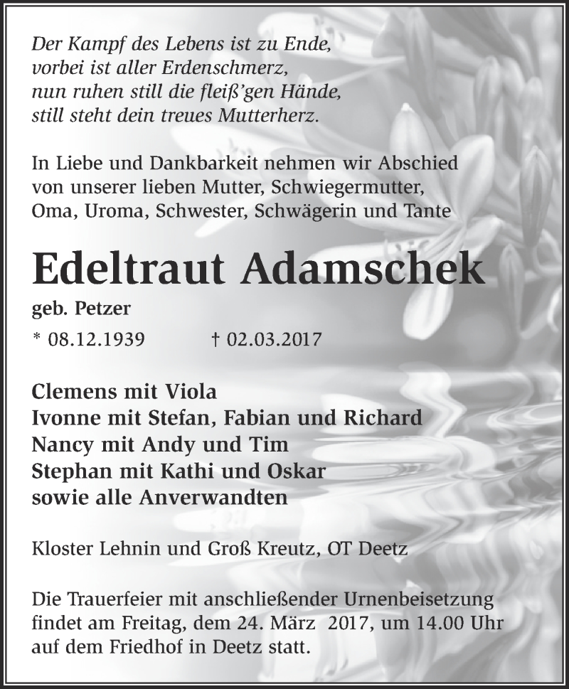  Traueranzeige für Edeltraut Adamschek vom 12.03.2017 aus Märkische Oderzeitung