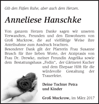 Traueranzeige von Anneliese Hanschke von Märkische Oderzeitung