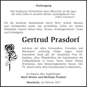 Traueranzeige von Gertrud Prasdorf von Märkische Oderzeitung