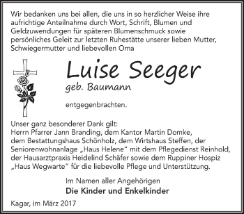 Traueranzeige von Luise Seeger von Märkische Oderzeitung