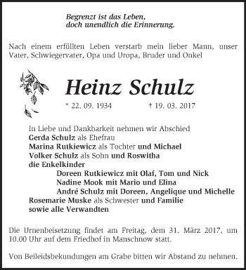 Traueranzeige von Heinz Schulz von Märkische Oderzeitung