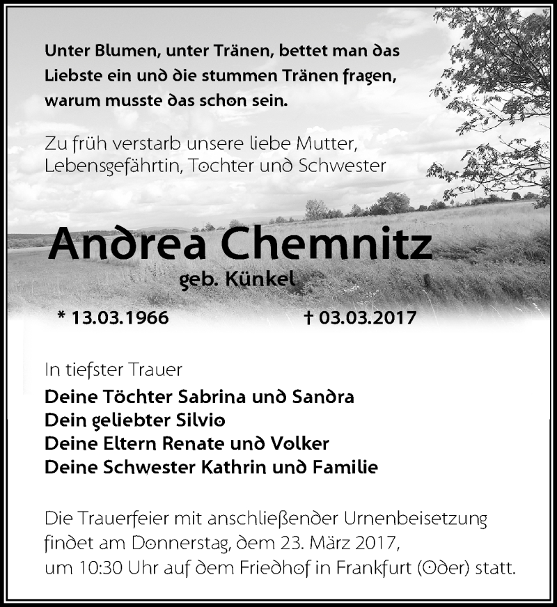  Traueranzeige für Andrea Chemnitz vom 10.03.2017 aus Märkische Oderzeitung