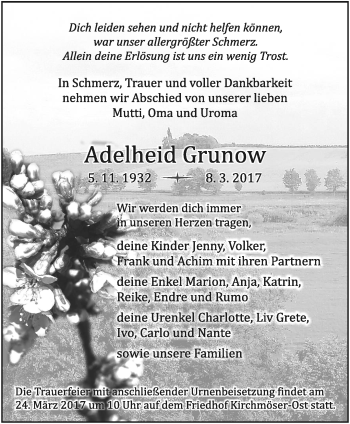 Traueranzeige von Adelheid Grunow von Märkische Oderzeitung