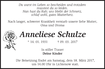 Traueranzeige von Anneliese Schulze von Märkische Oderzeitung