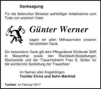 Traueranzeige von Günter Werner von Märkische Oderzeitung