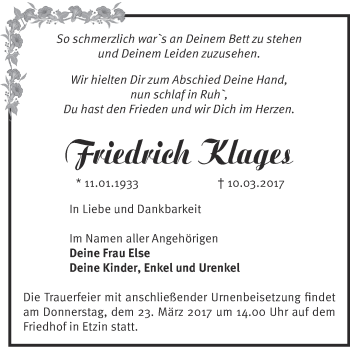 Traueranzeige von Friedrich Klages von Märkische Oderzeitung