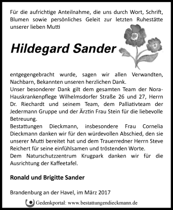 Traueranzeige von Hildegard Sander von Märkische Oderzeitung