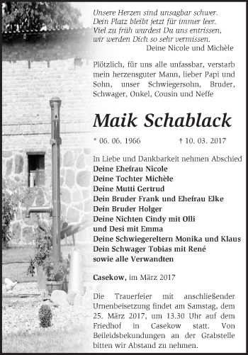 Traueranzeige von Maik Schablack von Märkische Oderzeitung