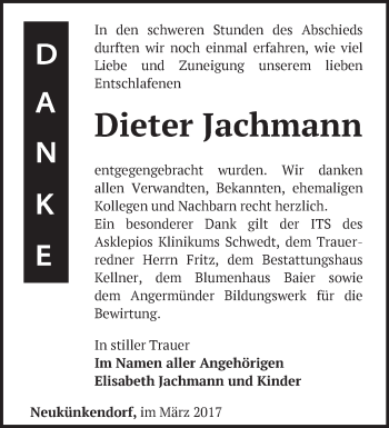 Traueranzeige von Dieter Jachmann von Märkische Oderzeitung