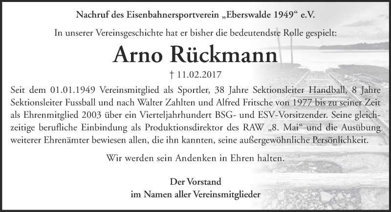  Traueranzeige für Arno Rückmann vom 19.03.2017 aus Märkische Oderzeitung
