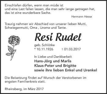 Traueranzeige von Resi Rudel von Märkische Oderzeitung