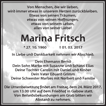 Traueranzeige von Marina Fritsch von Märkische Oderzeitung