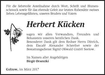 Traueranzeige von Herbert Kücken von Märkische Oderzeitung