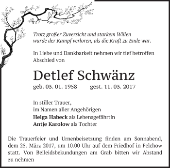 Traueranzeige von Detlef Schwänz von Märkische Oderzeitung