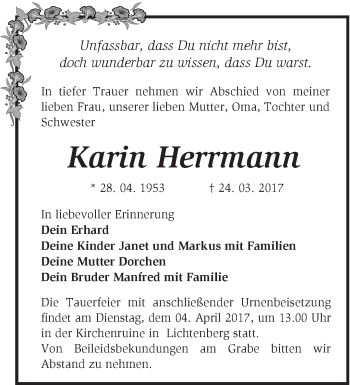 Traueranzeige von Karin Herrmann von Märkische Oderzeitung