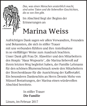 Traueranzeige von Marina Weiss von Märkische Oderzeitung