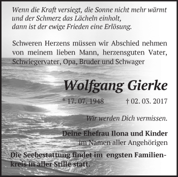 Traueranzeige von Wolfgang Gierke von Märkische Oderzeitung
