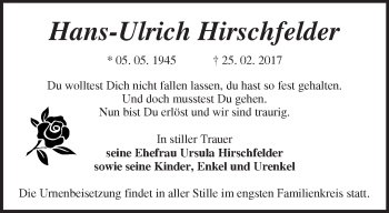 Traueranzeige von Hans-Ulrich Hirschfelder von Märkische Oderzeitung