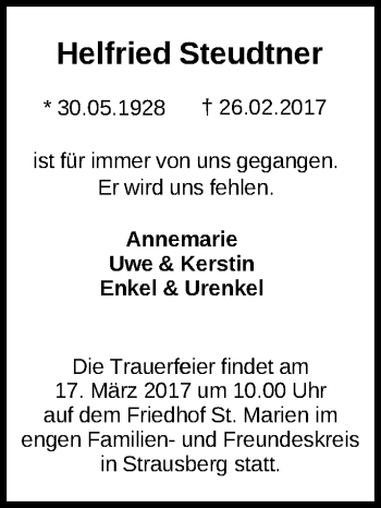 Traueranzeige von Helfried Steudtner von Märkische Oderzeitung