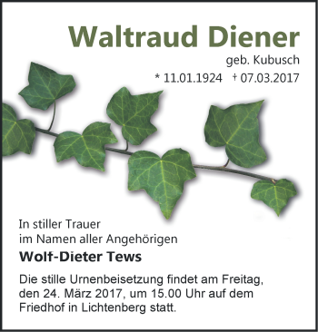 Traueranzeige von Waltraud Diener von Märkische Oderzeitung