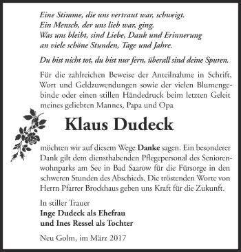 Traueranzeige von Klaus Dudeck von Märkische Oderzeitung