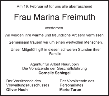 Traueranzeige von Marina Freimuth von Märkische Oderzeitung