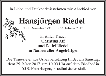 Traueranzeige von Hansjürgen Riedel von Märkische Oderzeitung